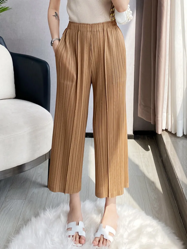 YUDX Women Pleated Pants Solid High Waist Wide Leg Cropped Trousers Loose Elastic Casual Style 2023 New Summer Fashion