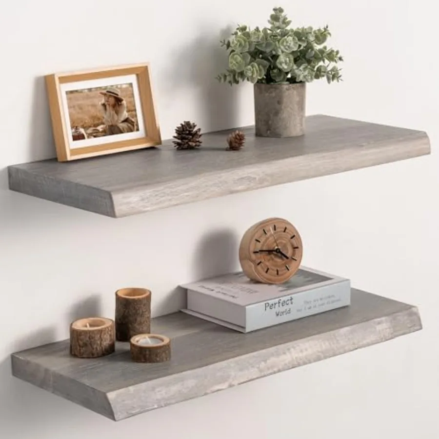 

Live Edge Floating Shelves Set of 2 24 Inch Solid Elm Wood Wall Shelves - Invisible Bracket Mount for Living Room Bedroom Kitch