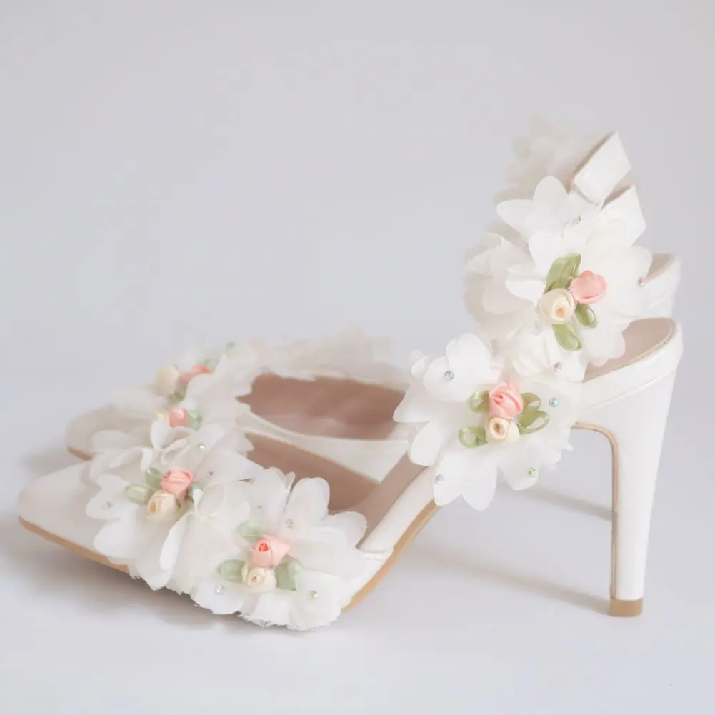 Summer Sexy High Heels Women Sandals Pumps Party Lace Flower PU 9CM Thin Heels Party Prom Shoes Dress Woman Shoes White image 2