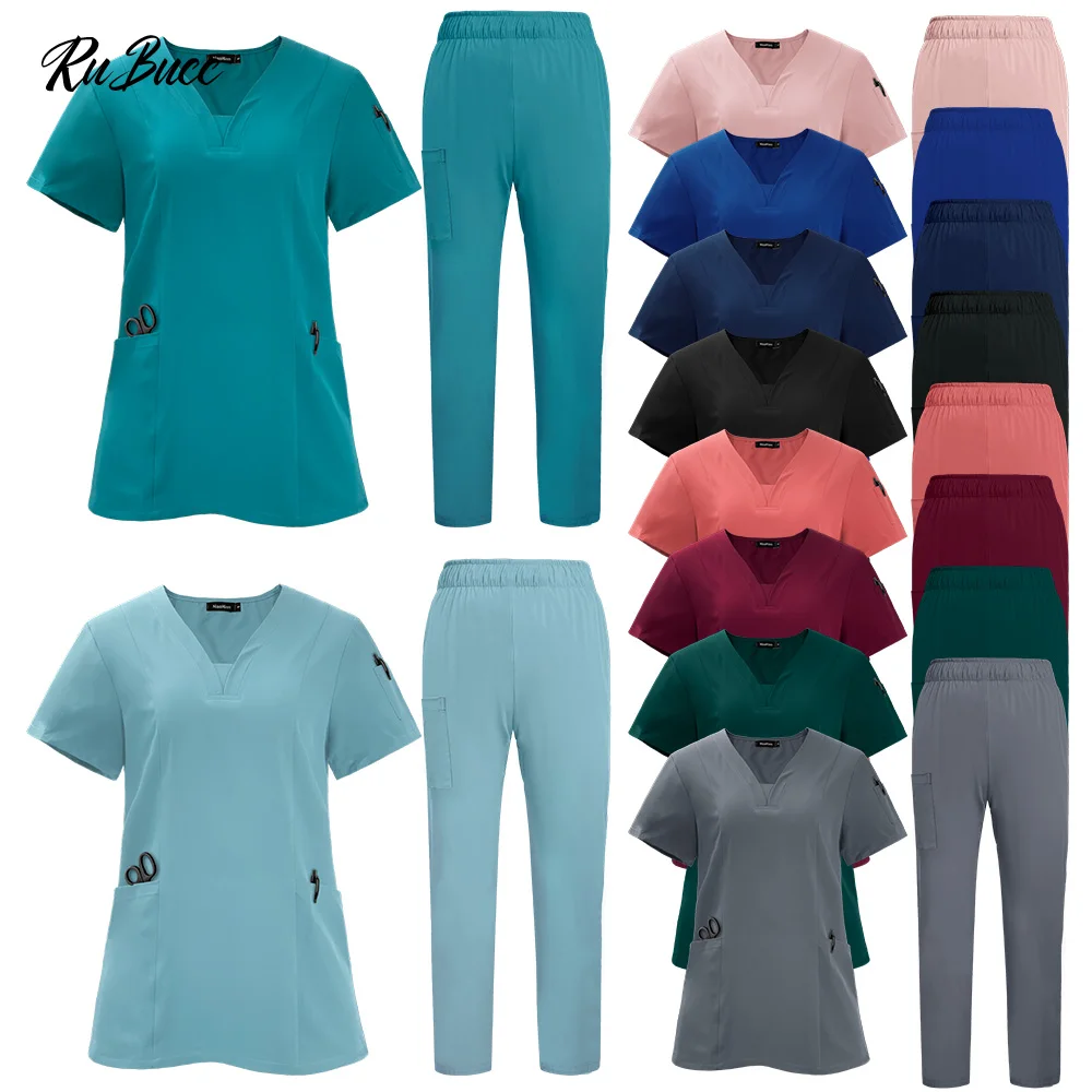 

Pet Grooming Institutions Scrub Set Unisex V-Neck Beauty Salon Work Clothes Spa Uniforms Dentistry Surgical Scrub Tops Pants Set