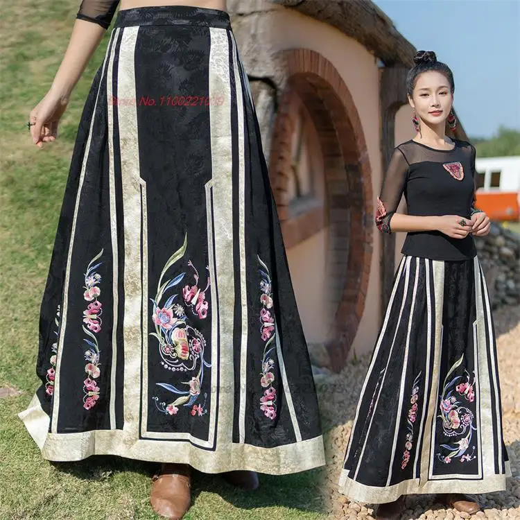 2025 traditional chinese vintage skirt women national flower embroidered satin skirt oriental satin jacquard folk a-line skirt