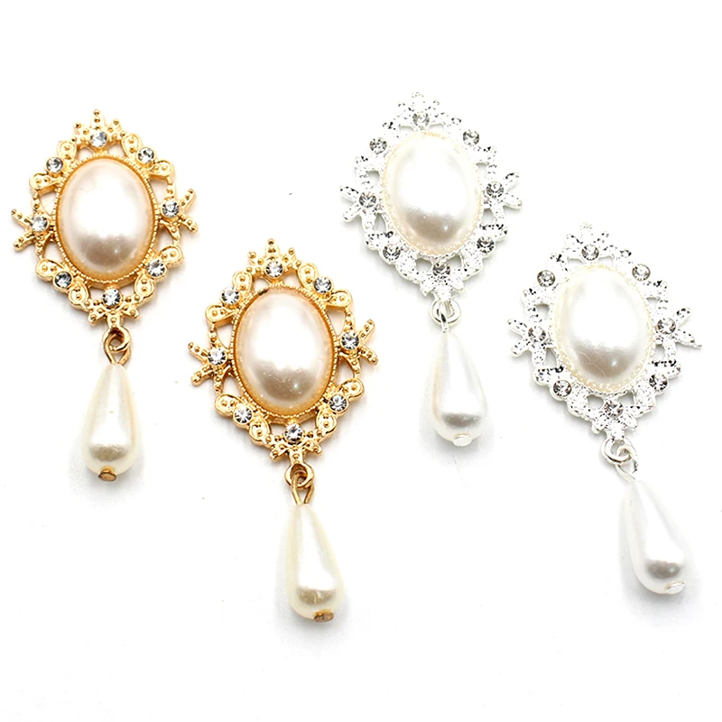 Shiny 10 pieces/batch 52*25MM pearl alloy diamond pendant button DIY wedding dress sewing clothing decoration accessories