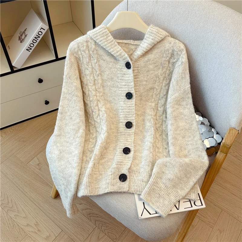 

ay Knitted Sweater Coat Casual Loose Hat Korean Sle Long Sve Commute Regular Length Polyester Fiber 00% Autumn Wear