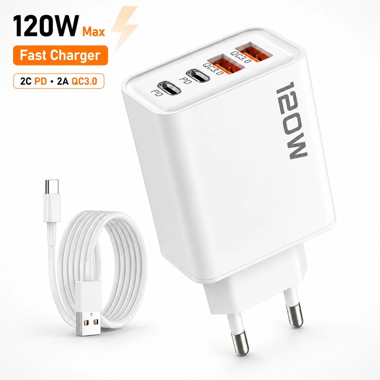 Carregador de parede rápido com 4 portas USB Tipo C de 120 W e cabo de dados para iPhone, Samsung, Xiaomi e Huawei, para carregamento rápido de telemóveis.