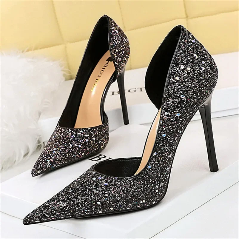 

Women 7cm 10.5cm Super High Heels Blue Gold Pumps Sexy Sequins Bling Low Heels Lady Luxury Stiletto Sparkly Party Shoes