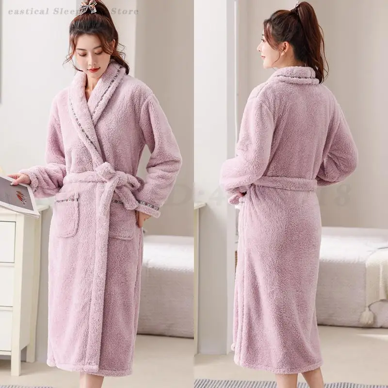 

Winter Coral Fleece Sleepwear Female Flannel Robe Lingerie Kimono Bathrobe Gown Nightwear Loose Thickened Home Wear Loungewear