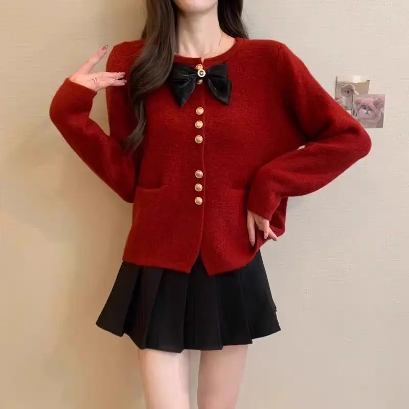 

Fashion French Style Small Fragrance Bow Knitted Sweater Autumn Winter Jacket New Cardigan Short Top