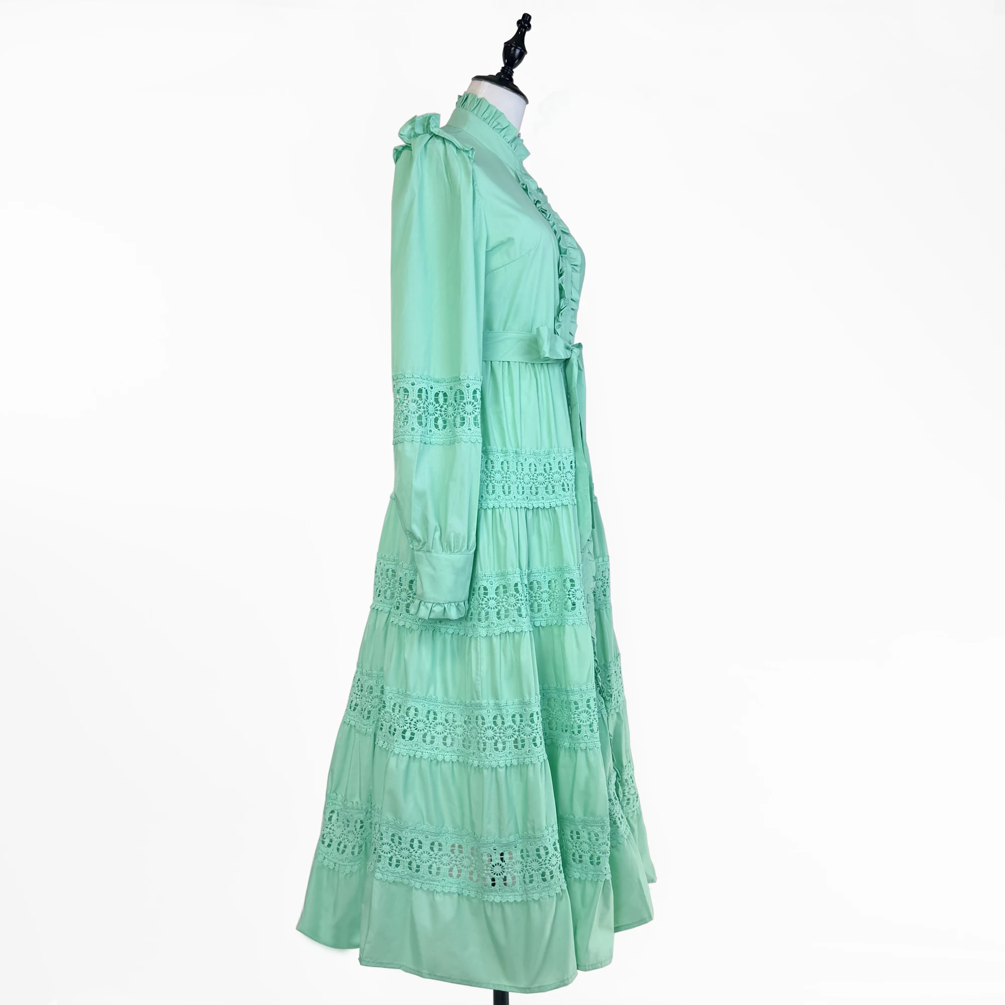 Hohe Qualität Solide Blume aushöhlen Spitze Prom Kleid für Frauen Elegante Stehen Lange Laterne Hülse Spitze Up Casual Vestido Femenino