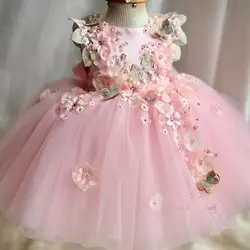 Pink Flower Girl Dresses Toddler Girl's Birthday Gowns Floral Customized Newborn Baby Infant First Communion Dresses