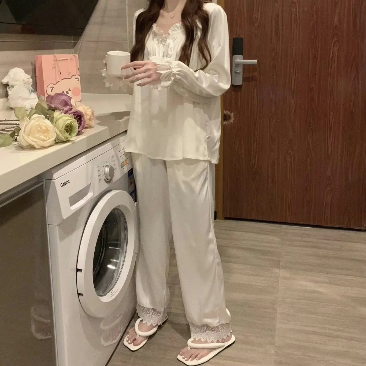 Spring Autumn 2Pcs Pajamas Set Silk Stain Lace Trim Home Suit Women\'s Casual Luxury Loungewear Female Long Sleeve Soft Sleepwear