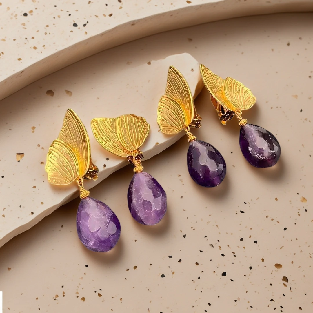 Yuri Ailey Gold Butterfly Clip On Earrings Women Water Drop Natural Amethyst Dangle Ear Cuffs Textured Wing Statement Earrings