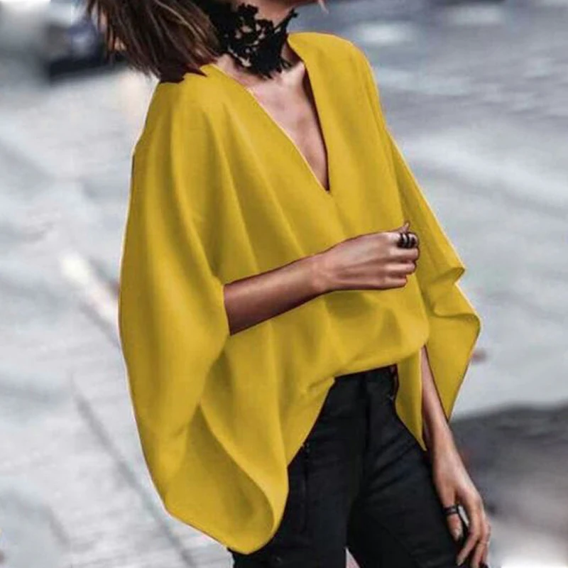 Women Fashion Casual Solid Color Deep V-Neck Blouses 2024 New Spring Summer Batwing Sleeves Loose Shirts Tops