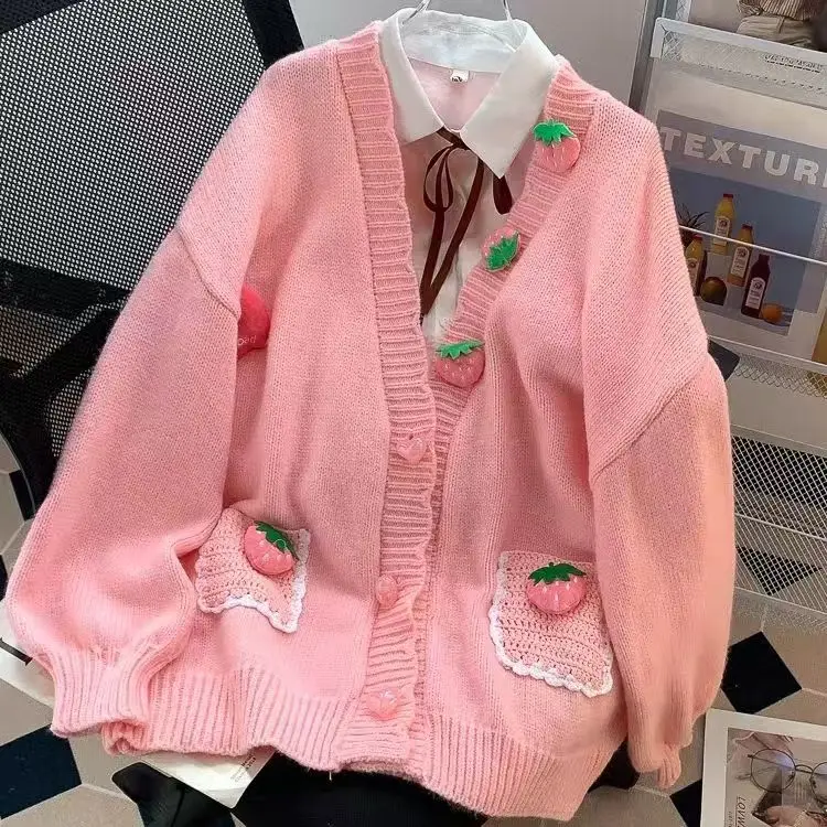 3D Pink Strawberry Cute Sweet V Neck Long Sleeve Knitted Cardigan Sweater Women Korean Casual Jacket Female Coats Autumn Winter