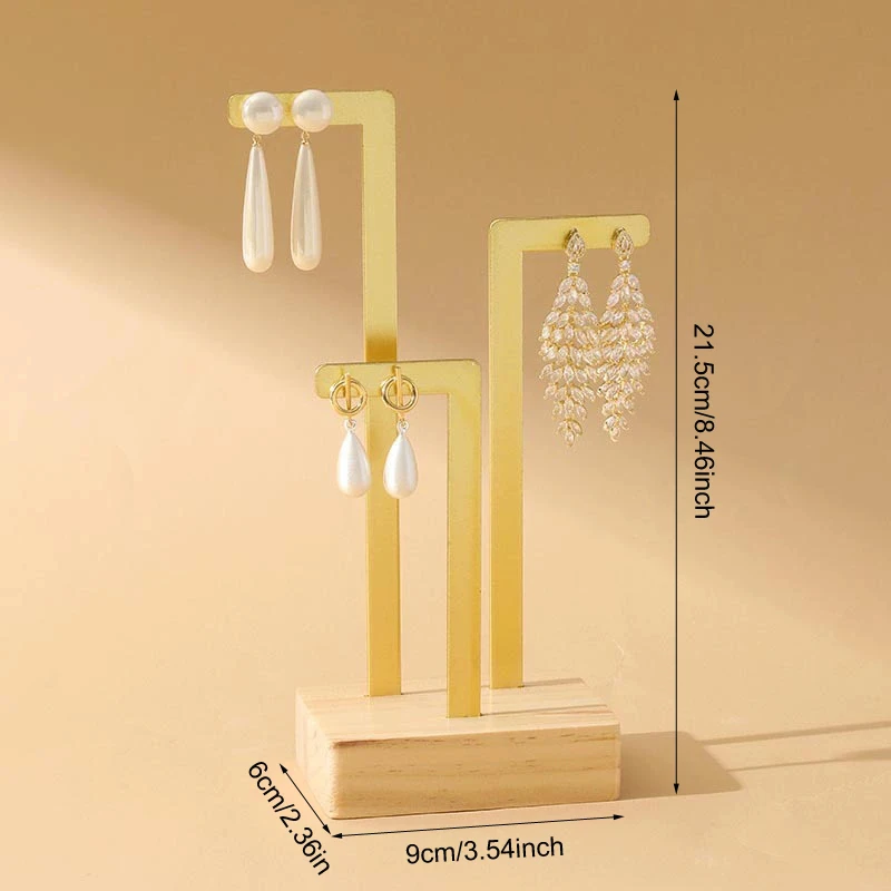 Rack de joias de metal elegante com base de madeira, brincos pendentes, colar, suporte de armazenamento, adereços de vitrine