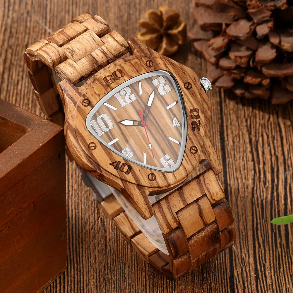 Unique Triagngle Arabic Numerals Dial Wooden Watch Quartz Wristwatch Men Full Wood Bracelet Watch Band Folding Clasp Man Clock