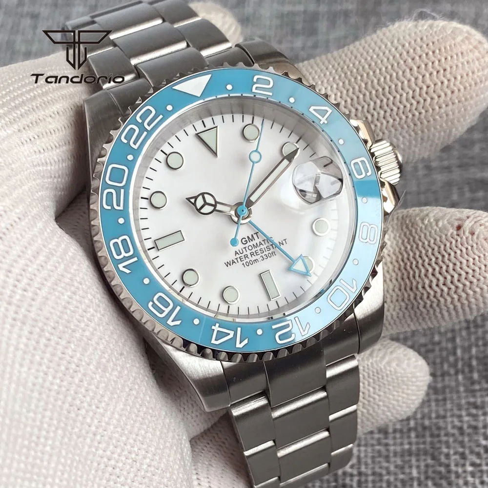 Tandorio Automatic NH34 Stainless Steel Men's Watch Blue 24H Bezel Sapphire Date GMT 40mm Mechanical Dive Wristwatch Luminous