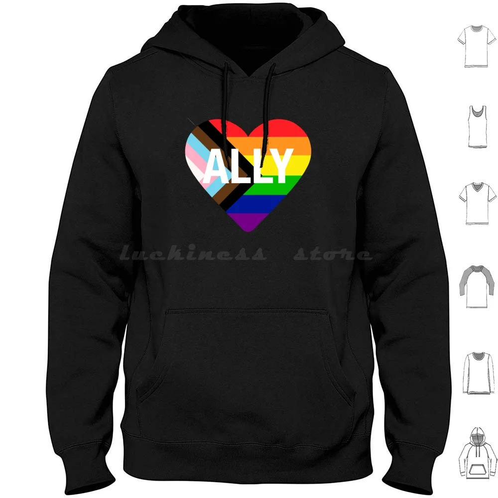 Progress Pride Flag Heart Ally Hoodies Long Sleeve Pride Progress Rainbow Flag Queer Bisexual Pride Flag Trans Bi