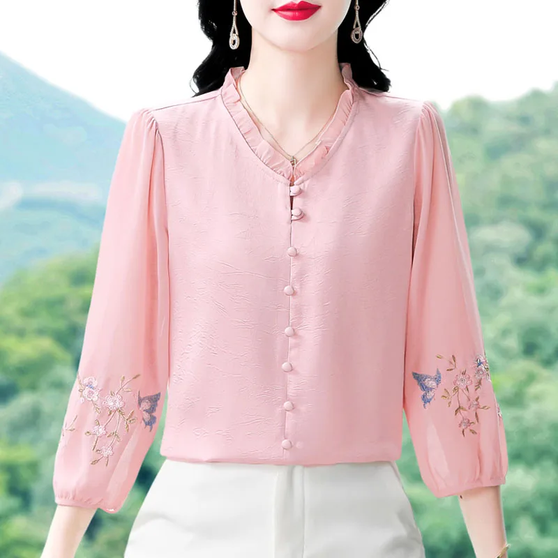 

2025 Spring Summer New Embroidered Shirt Elegant Fashion Ruffles OL Blouse 3/4 Sleeve Women Tops