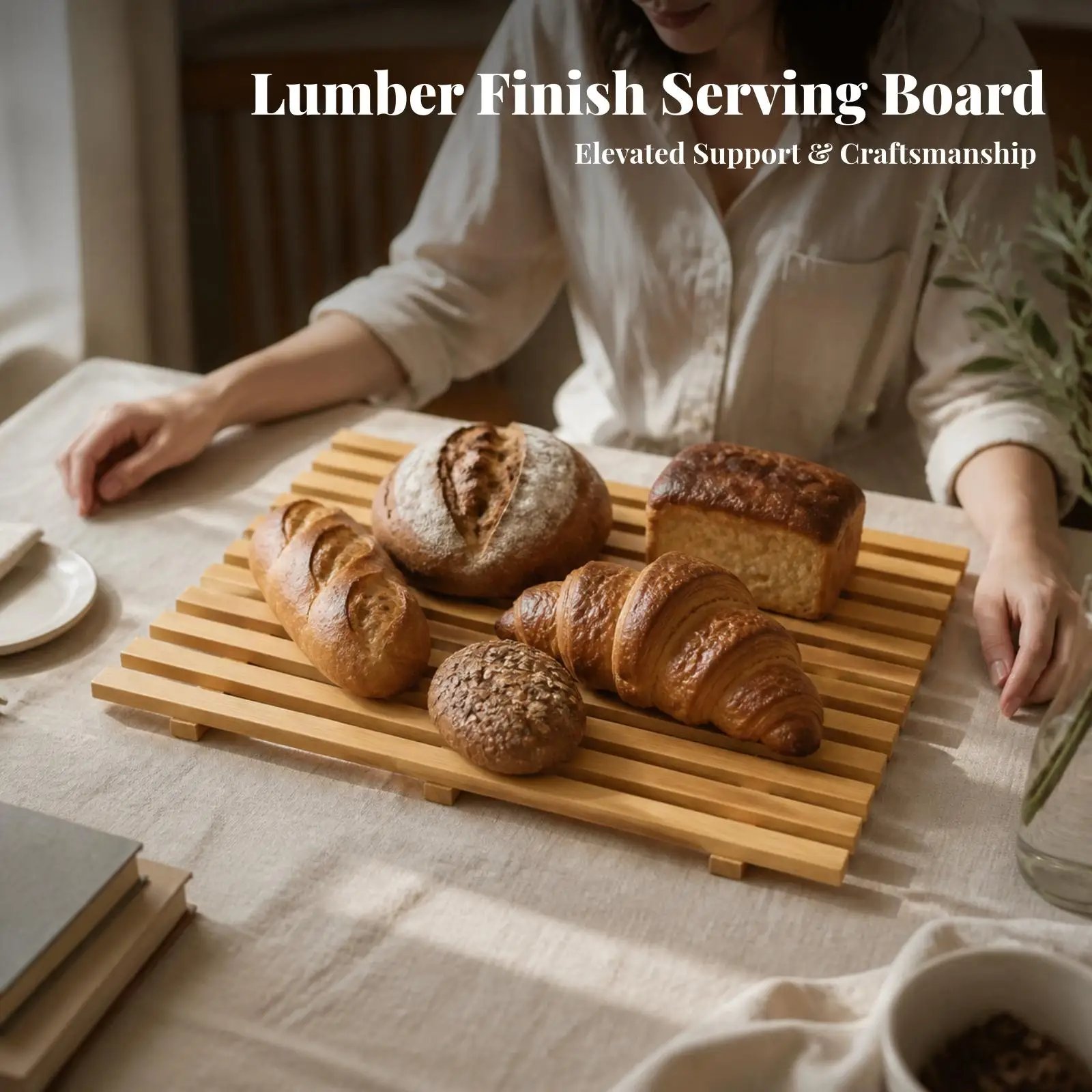 Decorative Bamboo Tray for Bakery Shelf Pastry Display with Ventilated Wood Slat Design