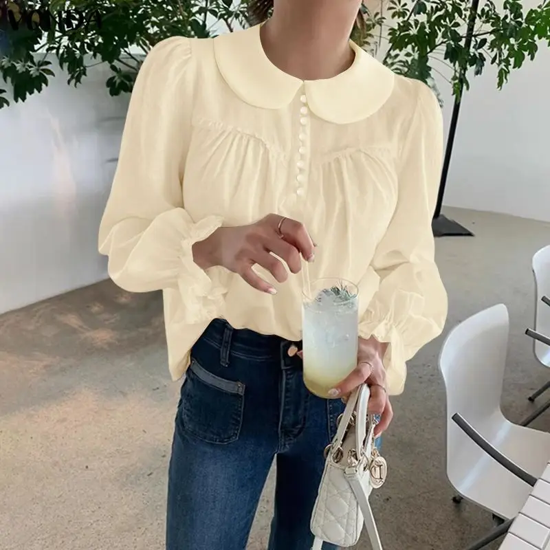 

Элегантная женская блузка VONDA с длинным рукавом, однотонная, модная модель 2026 года, с воротником «Питер Пэн», пышными рукавами, туника, повседневный топ, блуза