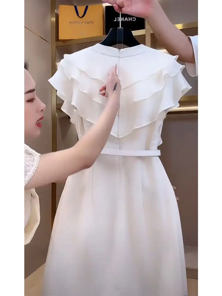 Fake two-piece white dress female summer high sense ruffled V-neck A-bag hip skirt temperament socialite high sense