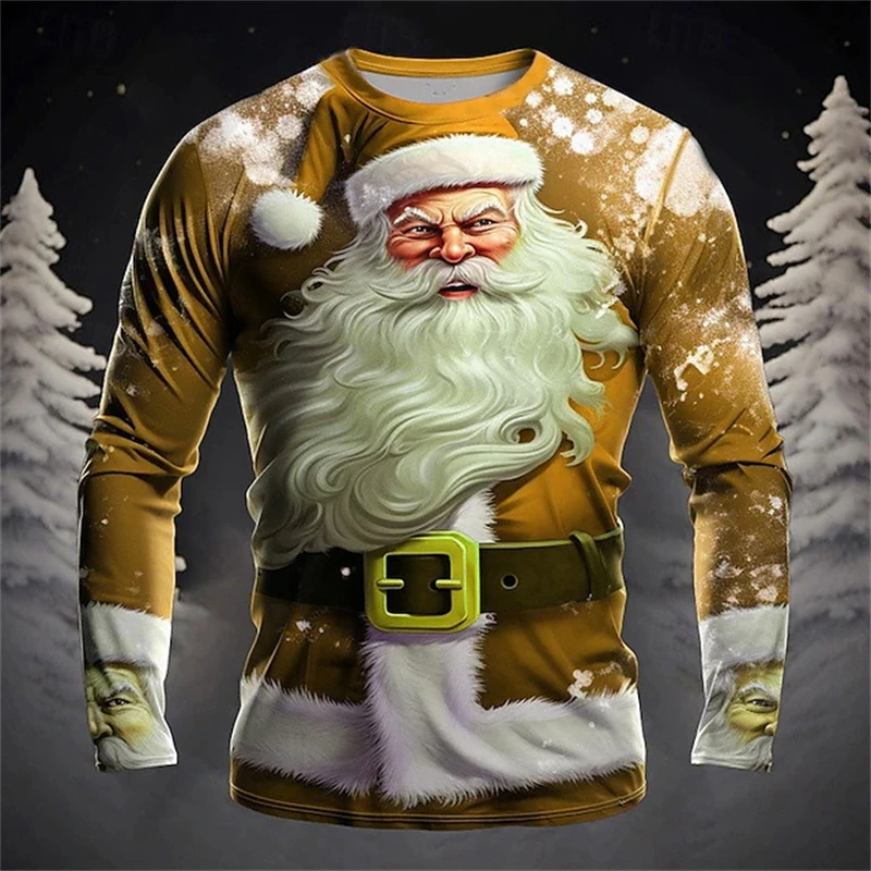 2024 New Rock Santa Graphic Long T Shirt Men Fashion Casual  3D Printed Long Sleeve New Year Round Neck Shirt Fall Men Clothing