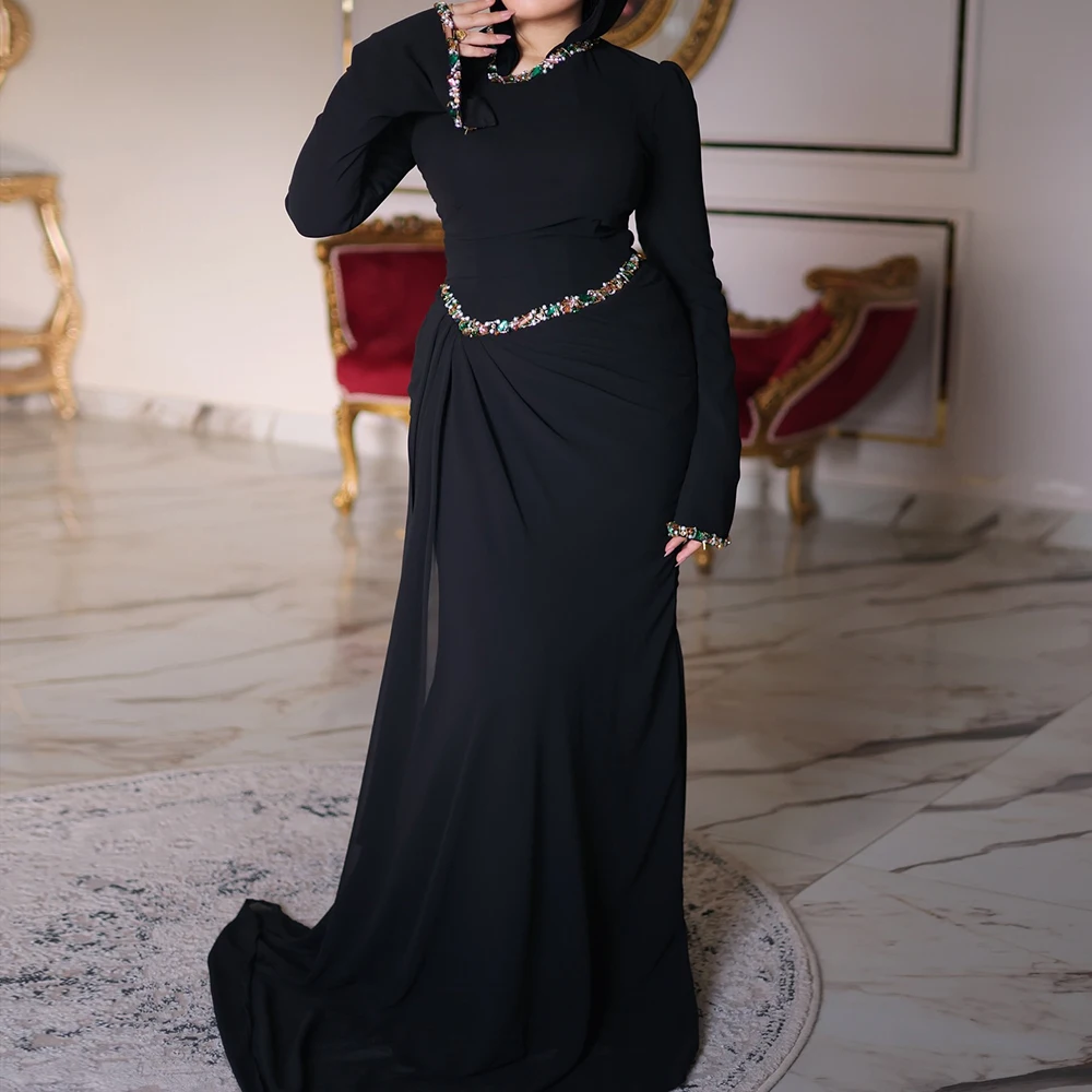 

Customized A-line Evening Dresses Floor-length V-neck Full Sleeve Prom Gown Fashion Beading Crystal Simple Draped Party Gown