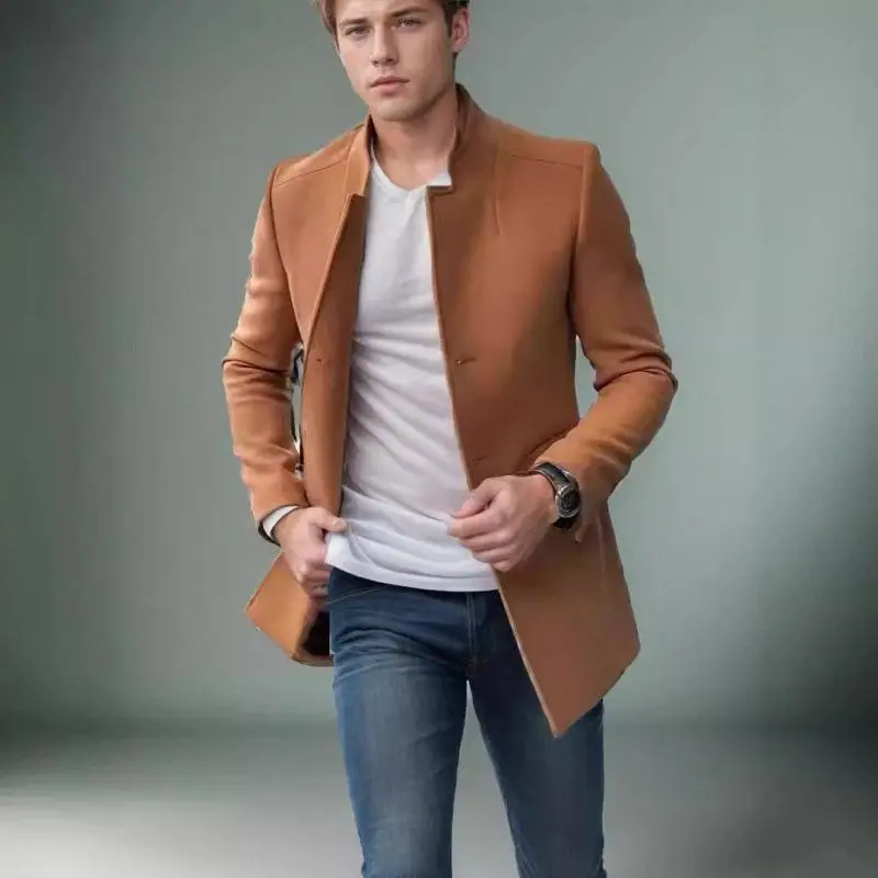 

Elegant Pure Color Slim Fit Tweed Coat for Young Men Spring Autumn Casual Fashion Urban Style Single Button Suit Jacket