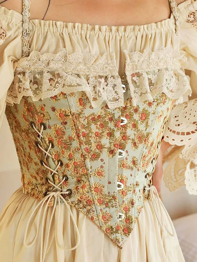 

YUZHEXI Court Retro Floral Corset Top Women Cute Print Lace Patchwork Sling Tops Lolita Lace-up Eye-hooked Camisole T Shirts