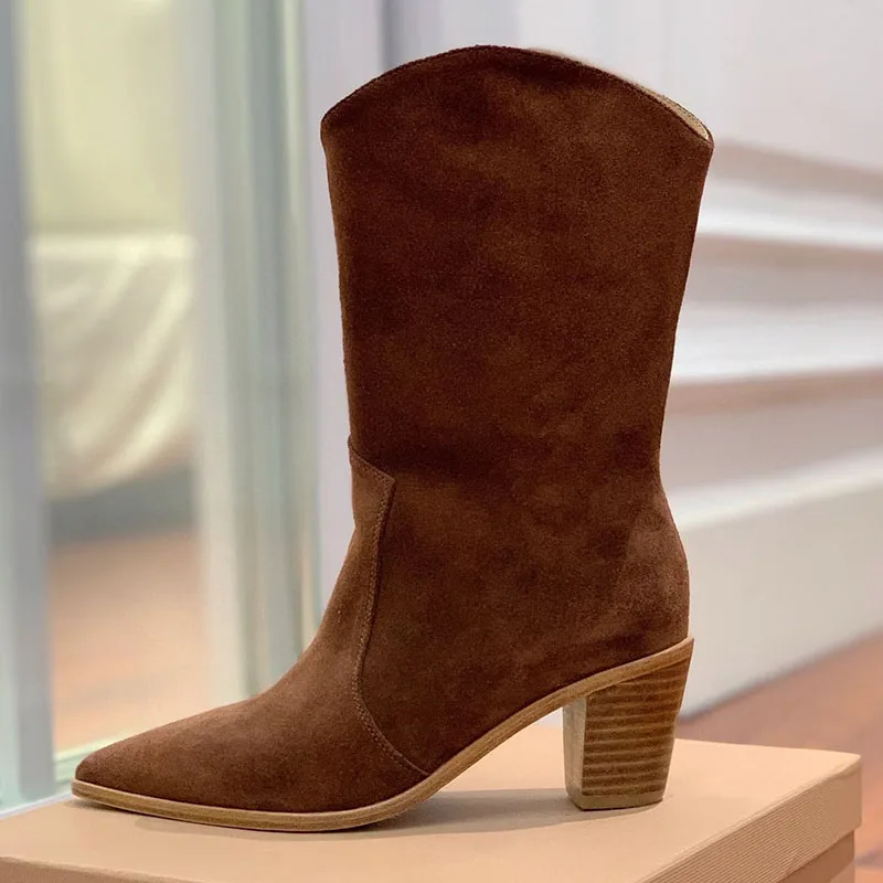 Mid-Calf Boots Women Cow Suede Splicing Retro Short Boots Spring Autumn Pointed Toe Solid Color Thick Heel Chelsea Boots