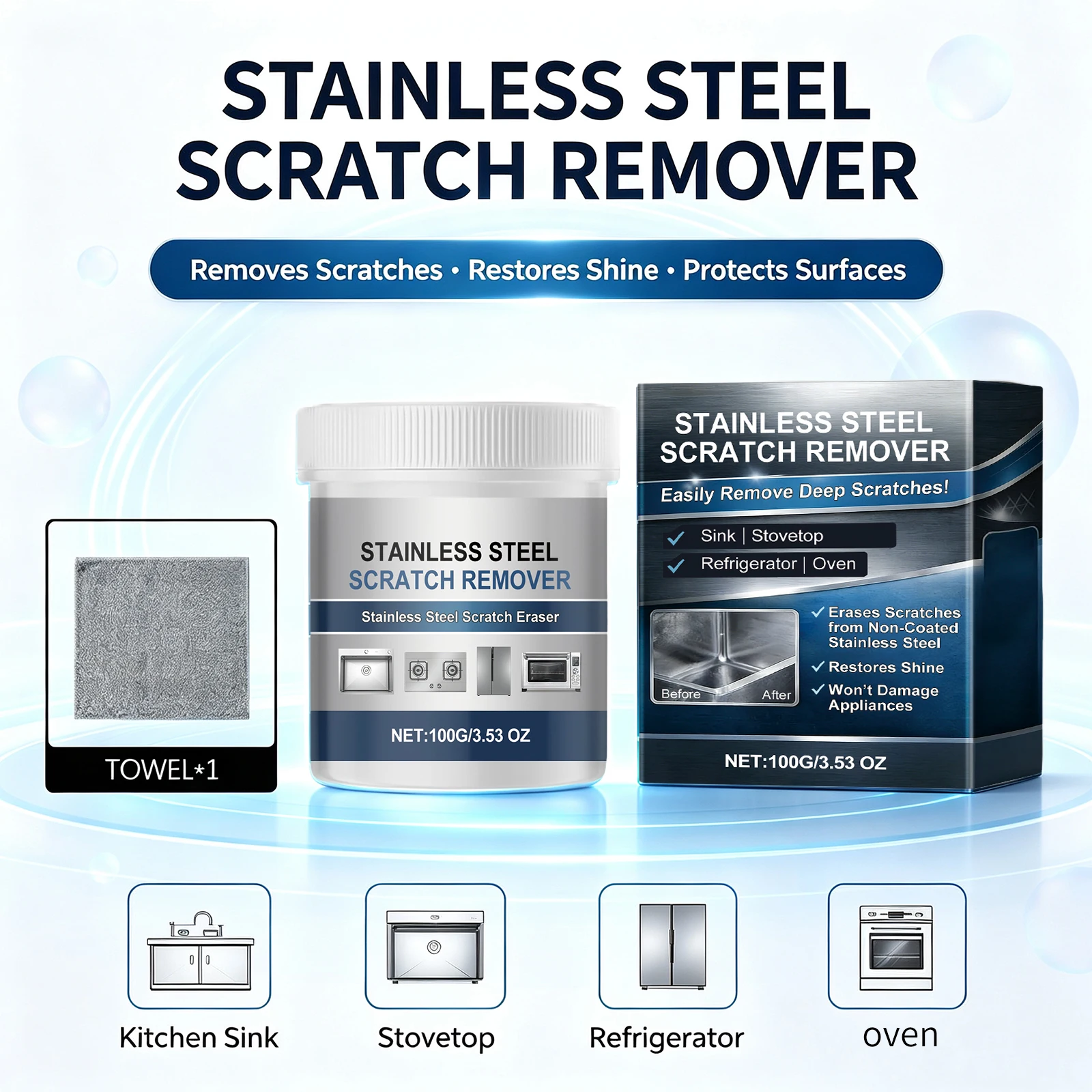 Stainless Steel Polishing Paste Scratch Remover Restores Shine Metal Cleaner Cream for Sink Stovetop Refrigerator Oven Stainless