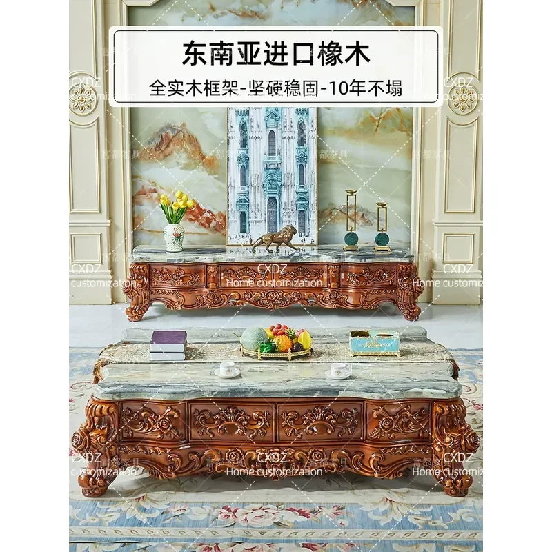 Luxury Marble Coffee Table and TV Cabinet Set Solid Wood Retro Living Room Furniture for High End Villa Home Decor