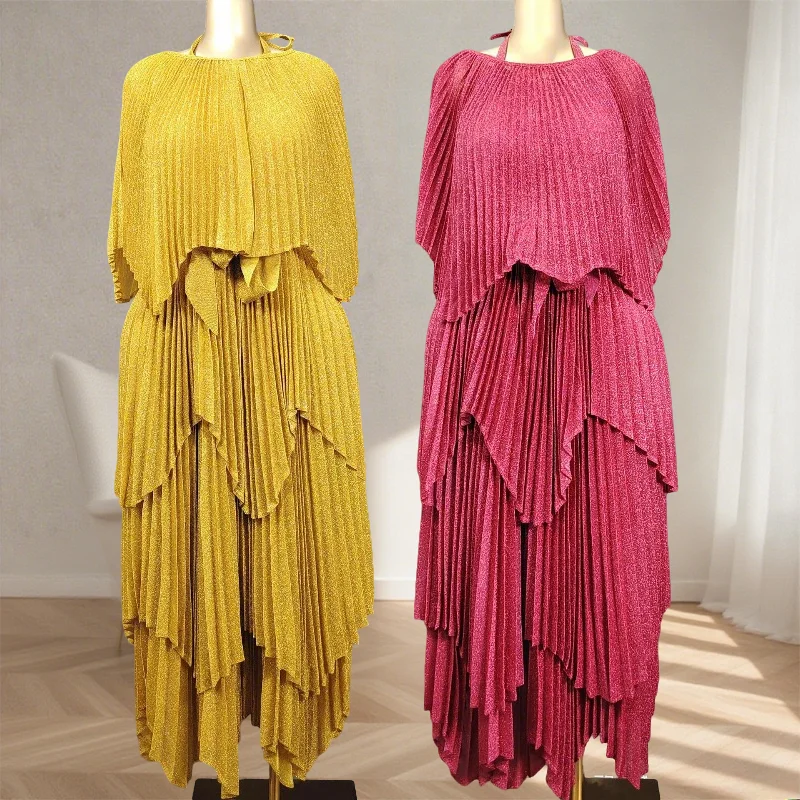 

Африканский костюм больших размеров Miyake, плиссированный модный нерегулярный женский топ, свободная длинная юбка с открытой спиной и висячим вырезом, комплект из 2 предметов, Америка