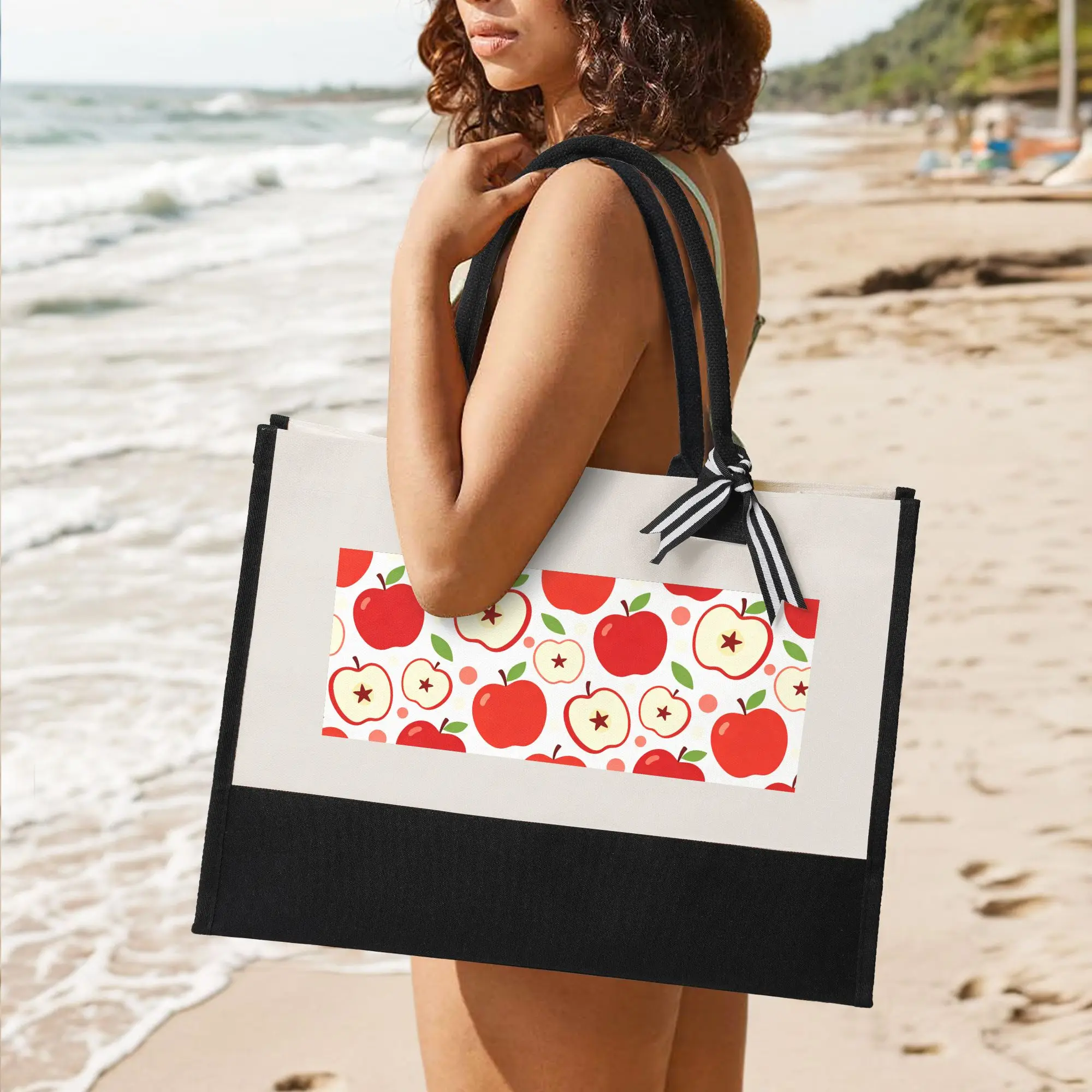 Apple Print Canvas Patchwork Tote Bag, Eco-Friendly Reusable Large Capacity Grocery Handbag for Travel Beach Shopping