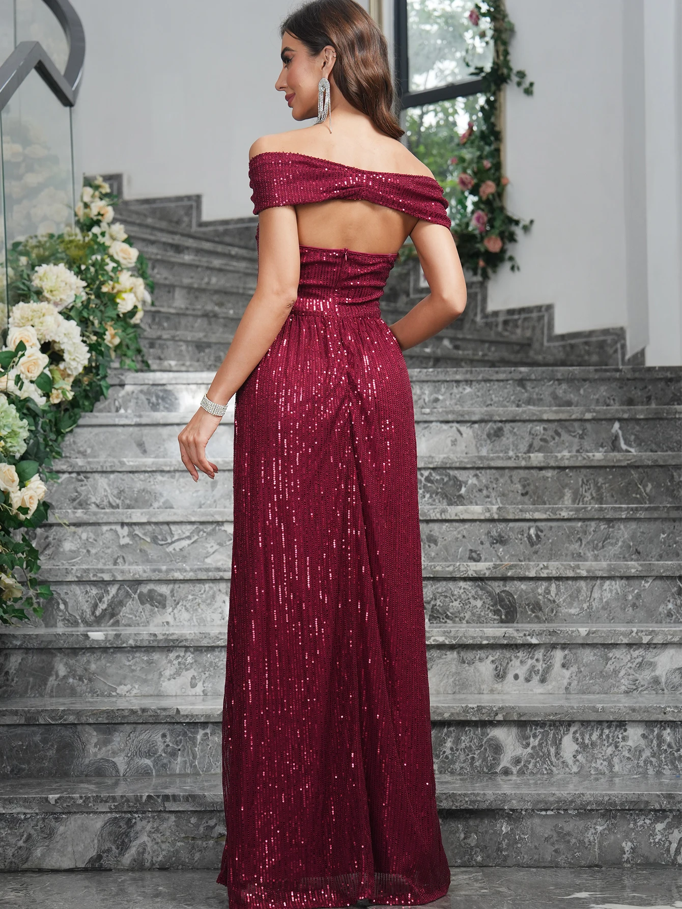 Women Plus Size Elegant Burgundy Off Shoulder Bridesmaid Dress With Sequins Split Slit Hollow Mermaid Dinner Cocktail Party dres