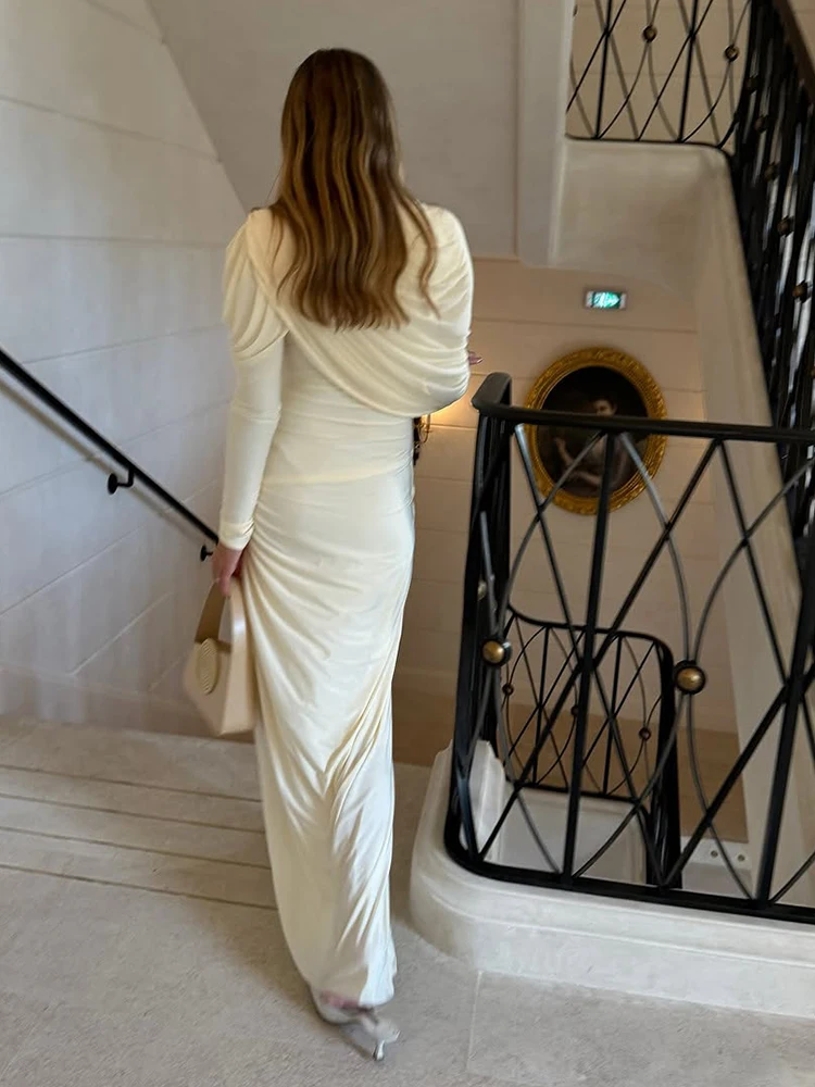 Robe châle plissée pour femmes, couleur unie, Chic, col mi-haut, manches longues, taille haute, Slim, nouvelle robe de soirée quotidienne, 2025