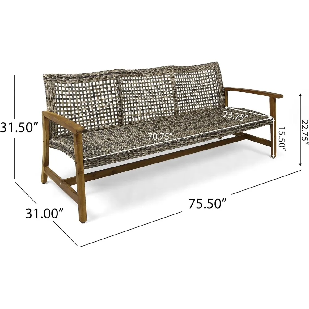 Marcia Outdoor Wood Sofa, Wicker, 75.50 x 31.00 x 31.50, Gray, Natural Stained Finish