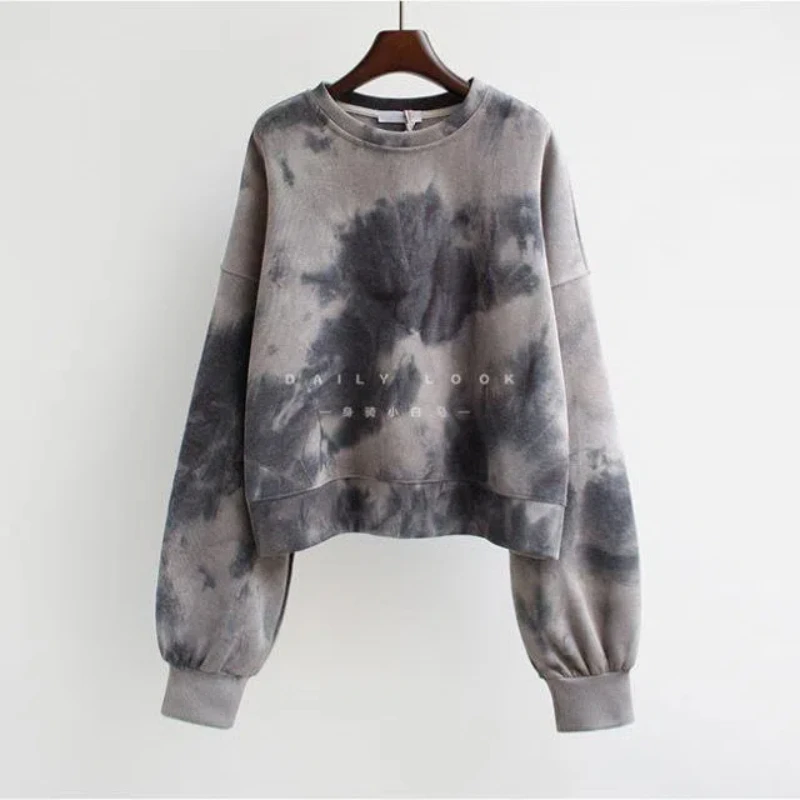 Trend Tie Dye Loose Short Hoodies Spring Autumn New Long Sleeve Youth Korean Thin Street Casual Top Fashion Y2K Women Clothing