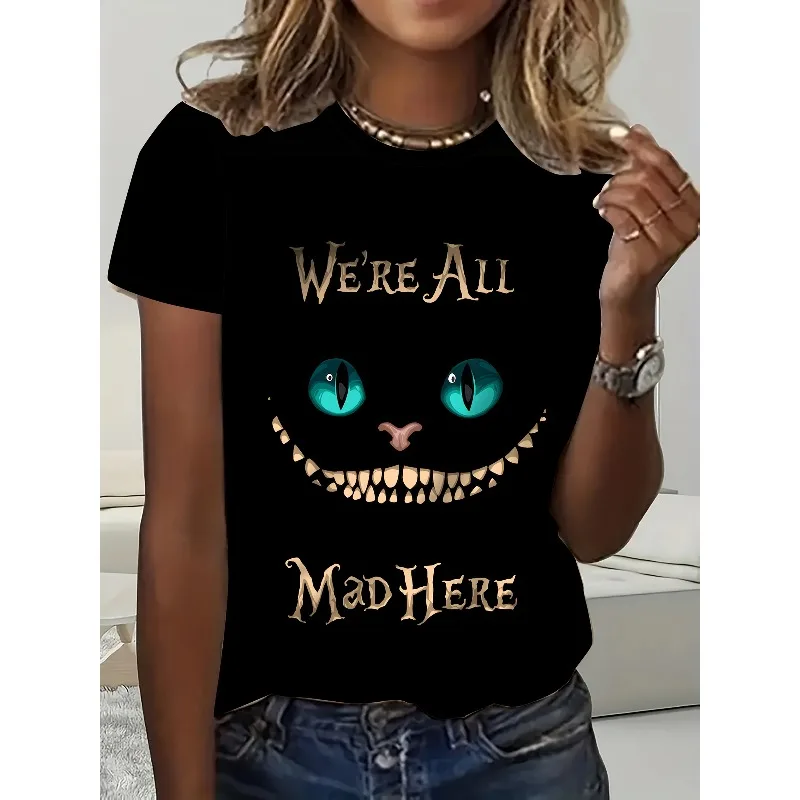 

Disney Alice's Adventures in Wonderland Women's Pattern T-shirt Josh Cat "We're All Crazy" Quote Black and Green Loose Top