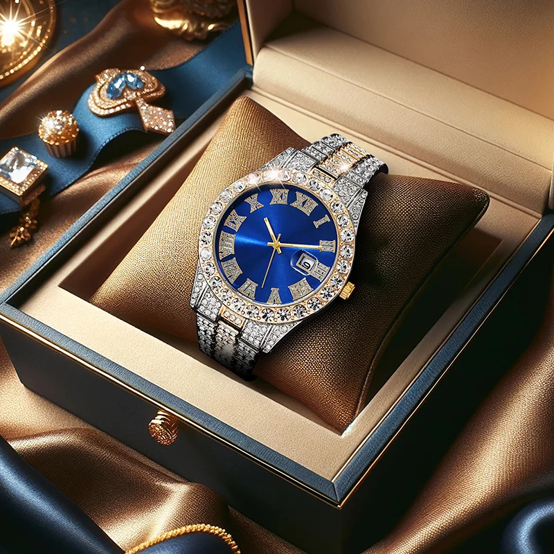 

1 шт. мужские синие деловые повседневные кварцевые часы в роскошном стиле с календарем, звездным циферблатом и золотисто-серебряным стальным ремешком