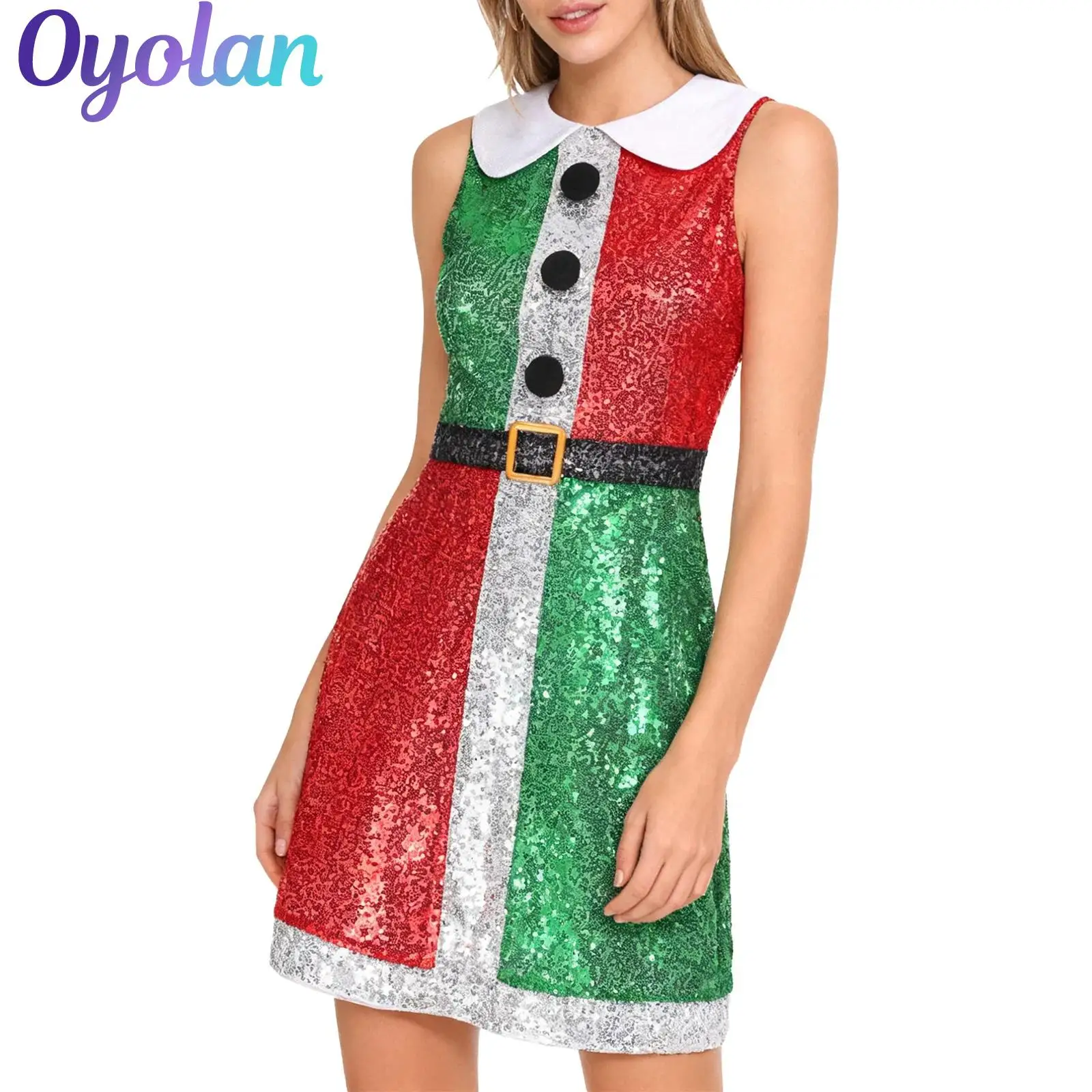 

Adults Womens Sparkly Sequins Santa Elf Christmas Carnival Cosplay Costume Back Invisible Zipper Slim Fit Hip Bodycon Dress