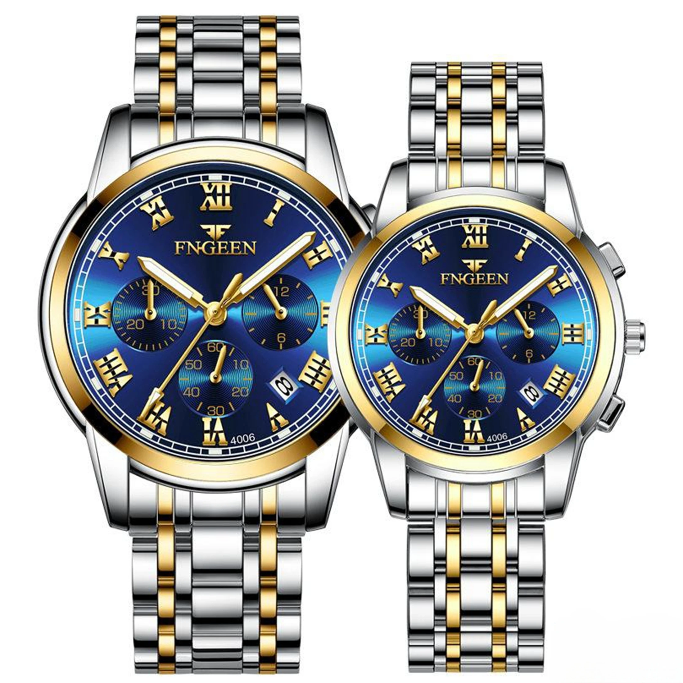 Casal relógios com pulseira de aço inoxidável, escala romana, mostrador azul, calendário display, quartzo impermeável para homens e mulheres, sm, 2p