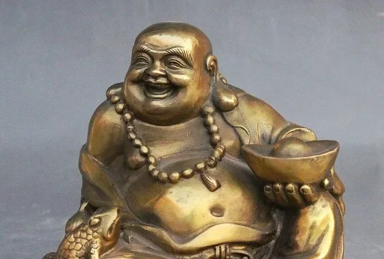 China Buddhism Brass Toad Happy Laugh Maitreya Hand Hold Yuanbao Wealth Statue