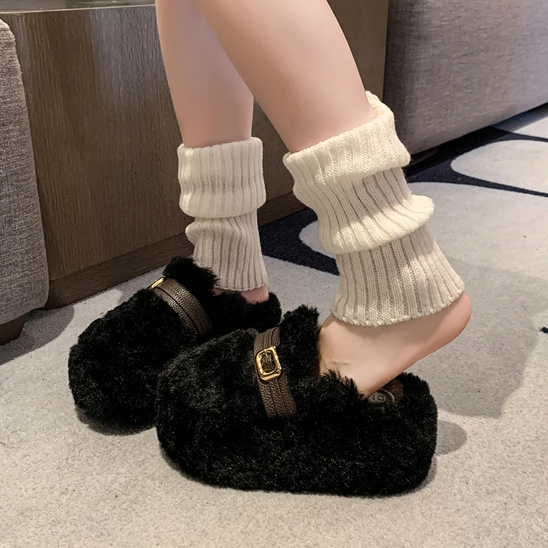 New Women's Lamb Wool Warm Toe-cap Slippers, Autumn and Winter Luxury and Comfortable Cotton Slippers, Universal Women's Shoes