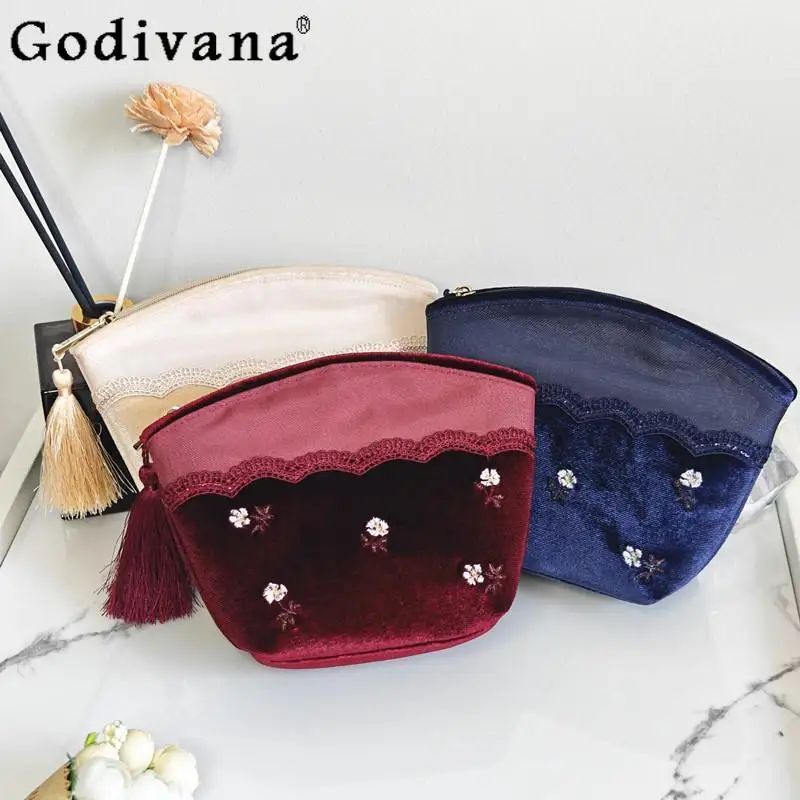 

Японская милая бархатная вышитая веерообразная косметичка в стиле ретро, портативная дорожная сумка для хранения, клатч с кисточками для женщин