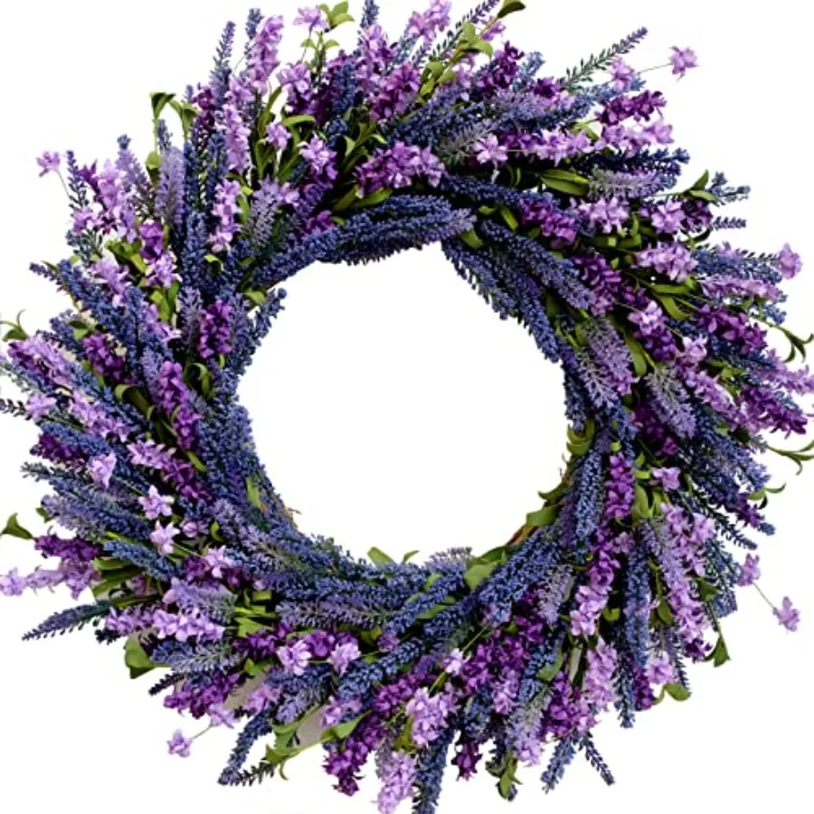 

24 Inch Purple Lavender Flower Wreath for Front Door Spring Summer Forsythia Lavender Flowers Wreath for Indoor and Outdoor Dec