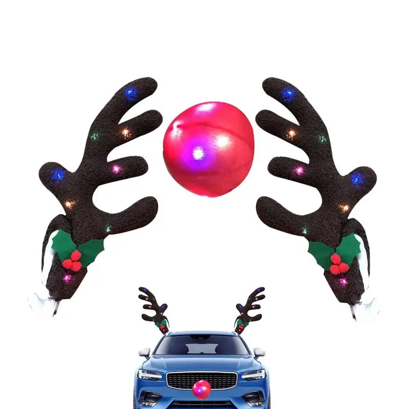 Car Reindeer Antlers & Nose Kit Car Decorations Kit With Led Lights Vehicle Christmas Car Decor Kit Reindeer Car Kit Antlers