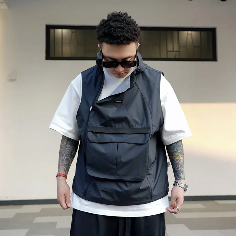 Sommer Reiß verschluss Tasche Männer Weste Motorrad koreanische Mode lässig lose Punk 2xl übergroße Tanktops Streetwear schwarz weiß Kaffee