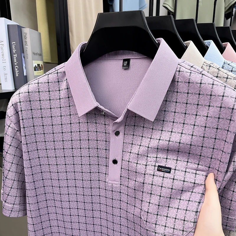 Herren Kurzarm-Poloshirts mit Diamant-Jacquardmuster, klassische Passform, lässige Oberteile, weiche, bequeme, modische Hemden für Männer – Detail 5