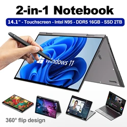 Ordenador portátil 2 en 1 con pantalla táctil de 14,1 pulgadas, Notebook con tapa de 360 °, Intel Celeron N95, Windows 11 Pro, 16GB, DDR, 1TB, SSD, cuerpo de aleación de aluminio